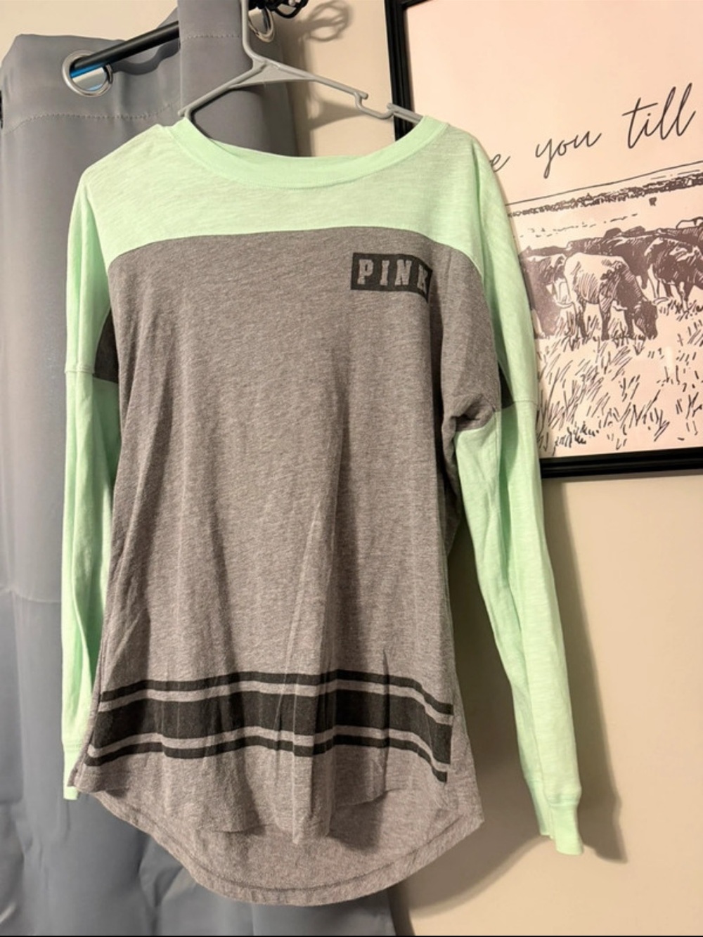 PINK Victoria's Secret Mint & Gray Long Sleeve Tee